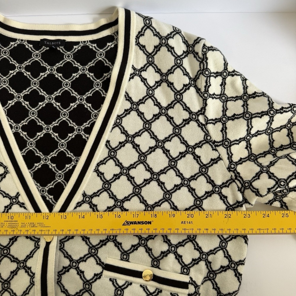 Talbots V-Neck Cardigan Lattice Jacquard XL Black Off White Career Casual Preppy - Picture 8 of 9
